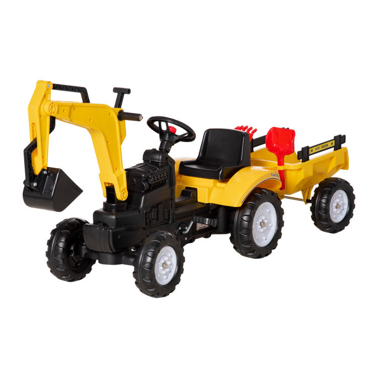 Aosom Digger Ride On Truck Kids Car With Horn, Excavator Ride On Toy, Imaginative Toy Construction Car, 6 Wheels & Detachable Trailer, Yellow