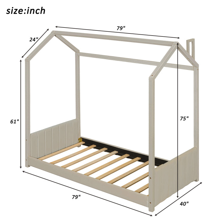 Twin Size Velvet House Bed Wood Bed, Beige Old Sku: Lp000125Aaa
