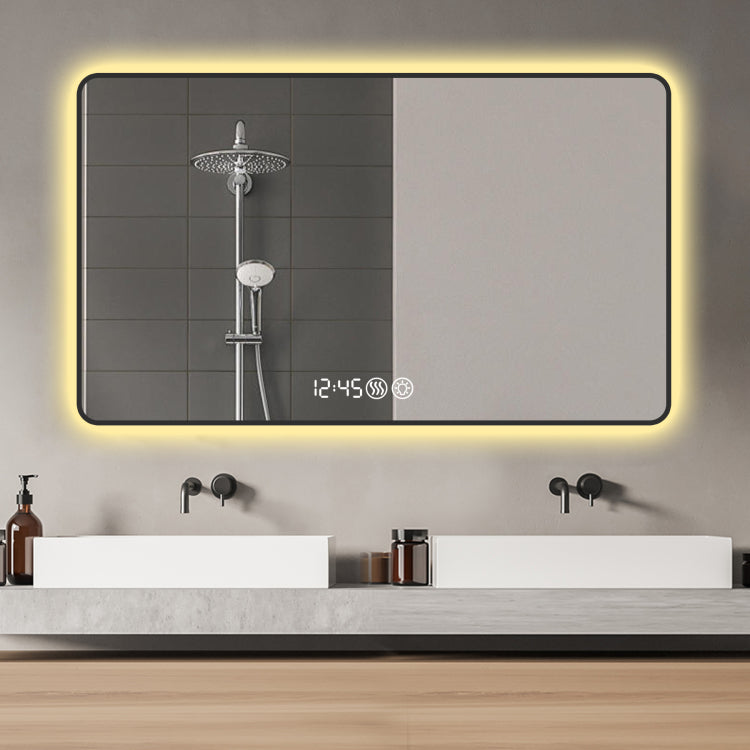 48X32 Black Frame Wall Mirror With Rounded Corners Vanity Mirror, Temperature Display, Tri Color Light, Defogging, High Quality Aluminum Alloy Frame, High Definition Tempered Glass