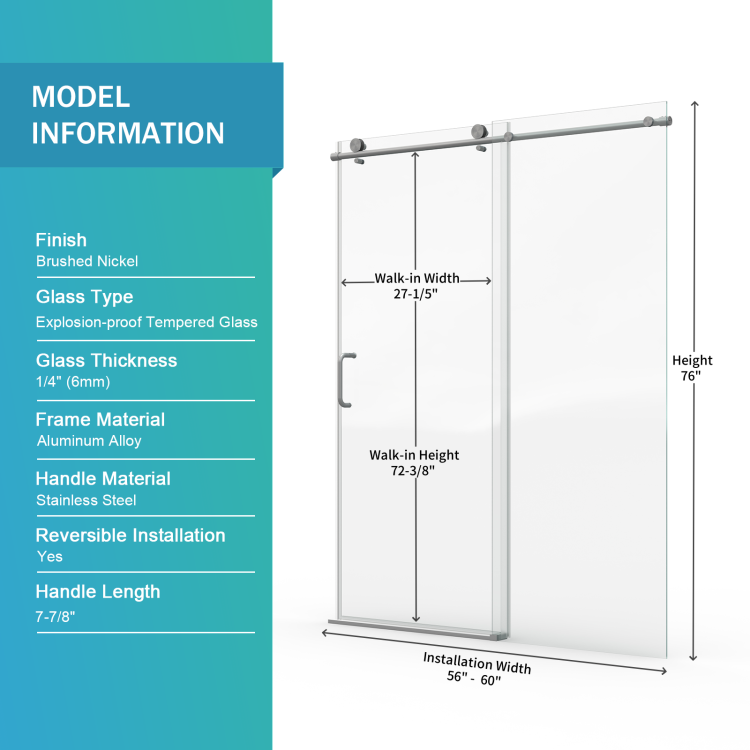 56" 60" W X 76" H Single Sliding Shower Door, Frameless Bathroom Sliding Door With 1 4" 6Mm Tempered Glass For Walk In Shower, Brushed Nickel Cm 25D06 60Bnx