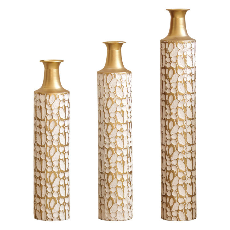 Decorative Metal Vases Set Of 3, 24 28 32.3 Inch Gold Leaf Pattern Floor Vases, White & Gold Tall Vases For Home Decor, Living Room Entryway Decor 5.31In Base Width