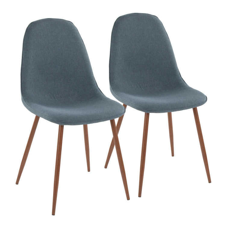 Mid Century Modern Dining Accent Chair In Walnut And Blue Fabric Set Of 2