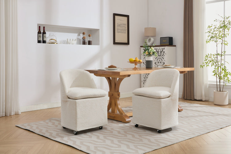 058 Set Of 2 Chenille Fabric Dining Chairs With Universal Wheels,Beige