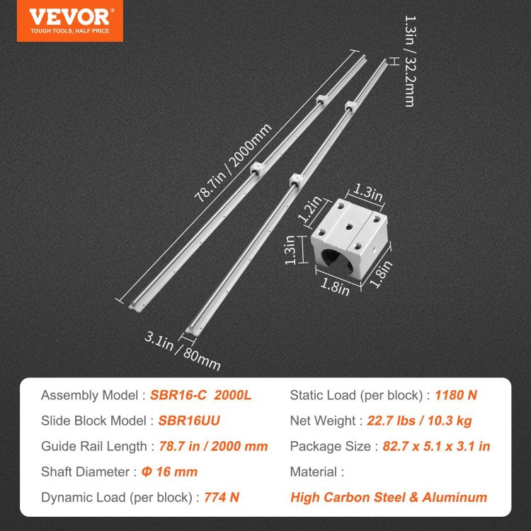 Linear Guide Rail Set, Sbr16 2000Mm, 2 Pcs 78.7 In 2000 Mm Sbr16 Guide Rails And 4 Pcs Sbr16Uu Slide Blocks, Linear Rails And Bearings Kit For Automated Machines Diy Project Cnc Router Machines