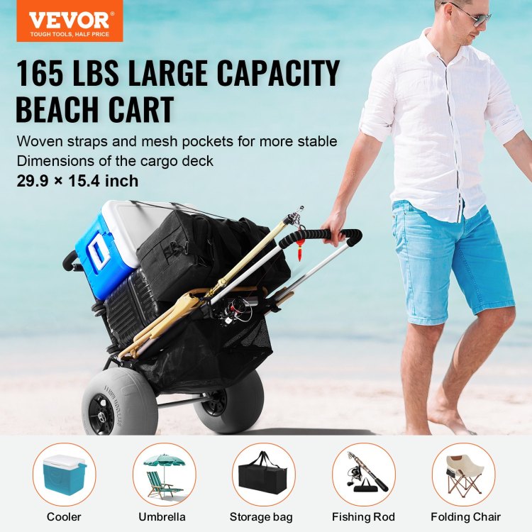 Beach Dolly With Big Wheels For Sand, 29.9" X 15.4" Cargo Deck, W 12" Balloon Wheels, 165Lbs Loading Capacity Folding Sand Cart & 27" To 44.7" Adjustable Height, Heavy Duty Cart For Beach