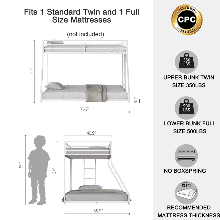 Same As B083P160614 Adam Sturdy Twin Over Full Bunk Bed Metal White For Kids And Adult, Low Profile And Easy Climbing With Stable Ladder