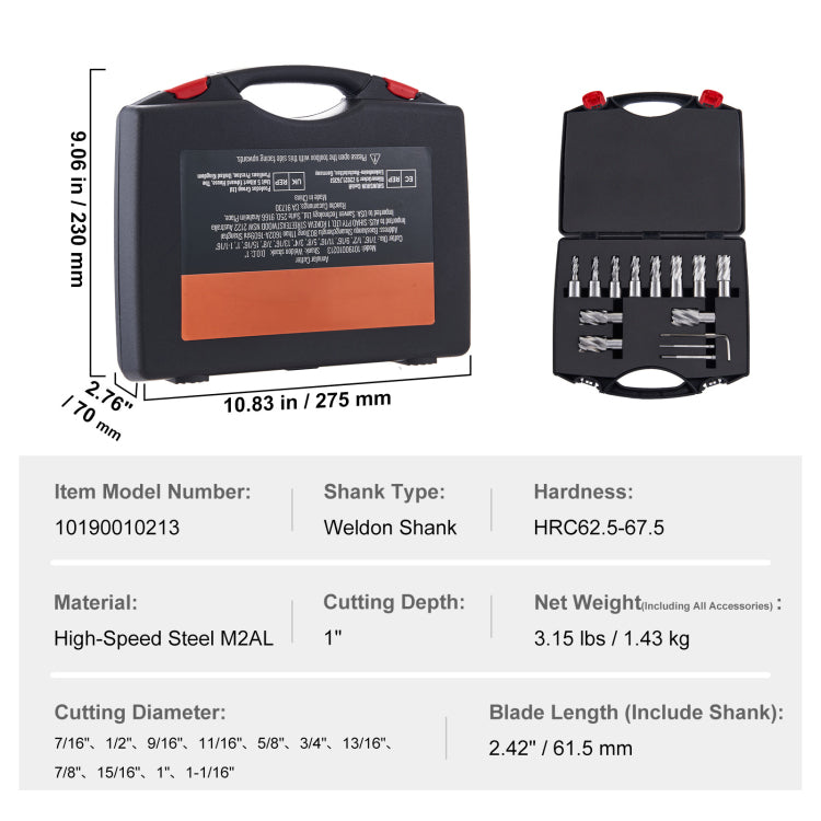 Annular Cutter Set, 13 Pcs Weldon Shank Mag Drill Bits, 7 16" To 1 1 16" Cutting Diameter, 1" Cutting Depth, M2Al Hss, 2 Pilot Pins, Hex Wrench And Portable Case, For Using With Magnetic Drills