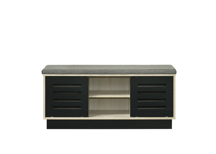 Brio 38.5"W Oak Finish Shoe Cabinet With Sliding Doors, Upholstered Top