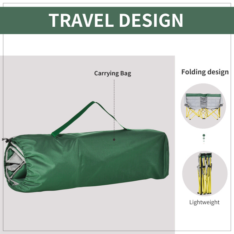 Outsunny Loveseat Style Camping Chair, Oversized Folding Lawn Chair With Carry Bag & Cup Holders, For Outdoor, Beach, Picnic, Hiking, Travel, Green & Gray