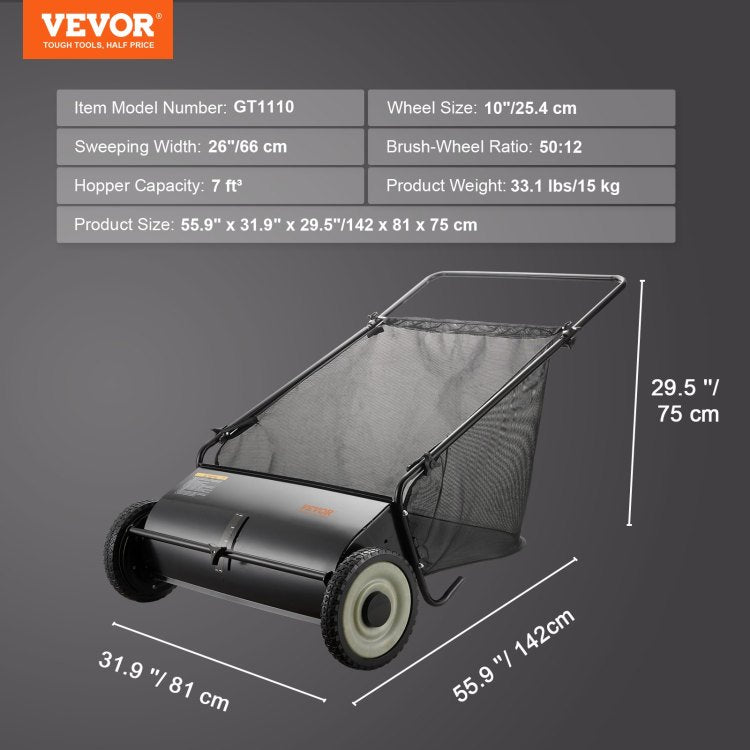 Push Lawn Sweeper, 26 Inch Leaf & Grass Collector, Strong Rubber Wheels & Heavy Duty Thickened Steel Durable To Use With Large Capacity 7 Ft Mesh Collection Bag, 4 Spinning Brushes