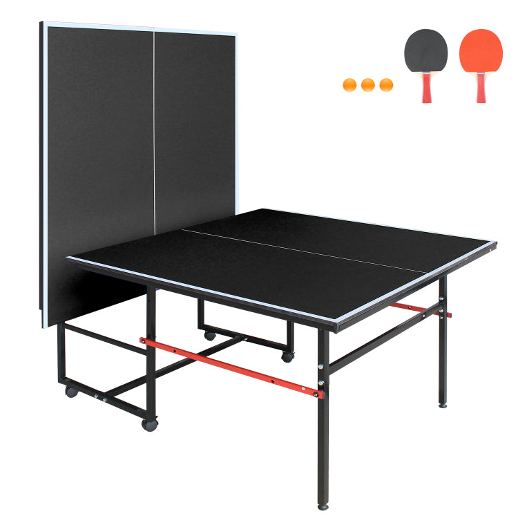 8Ft Black Mid Size Table Tennis Table Foldable & Portable Ping Pong Table Set For Indoor Games With Net, 2 Table Tennis Paddles And 3 Balls