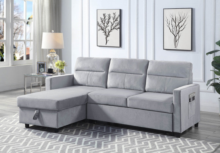 Iride 81.5"W Light Gray Velvet Reversible Sleeper Sectional Sofa With Storage Chaise And Side Pocket