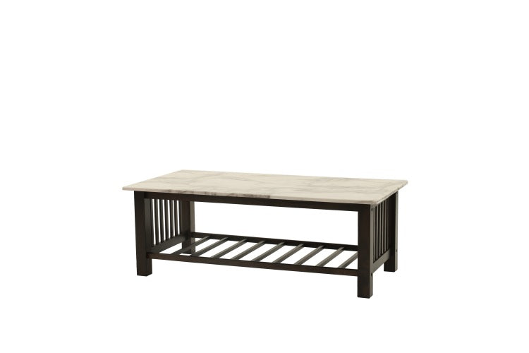 Modern Contemporary 1Pc Coffee Table Faux Marble Top Antique Walnut Solid Legs Open Storage Shelf Occasional Table Living Room