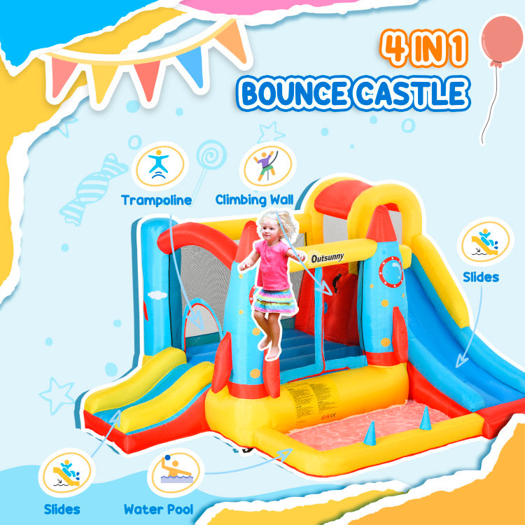 Outsunny Kids Inflatable Water Slide, 4 In 1 Bounce House Jumping Castle With 2 Slides, Climbing Wall, Trampoline, & Water Pool Area, Air Blower