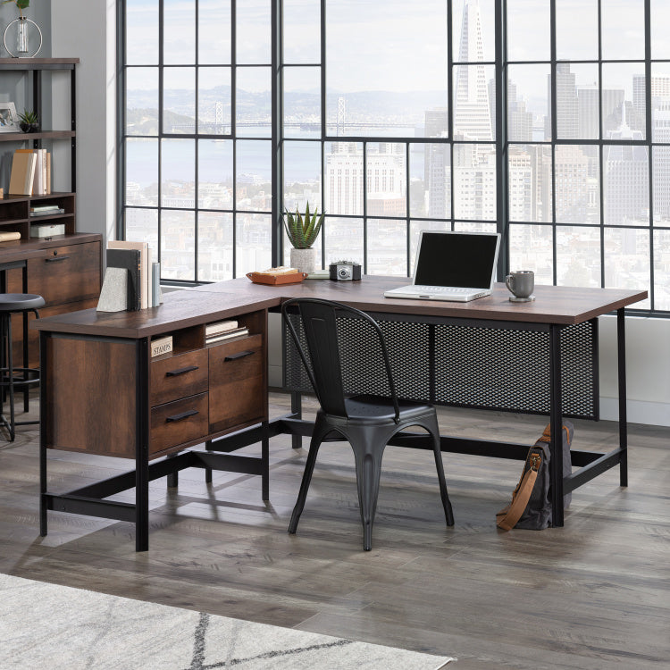 Industrial L Shaped Computer Desk, Brown Finish