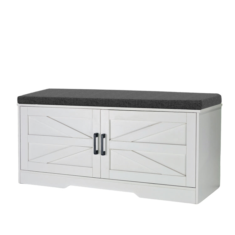 2 Tier Storage Bench, Farmhouse Shoe Bench With Padded Seat Cushion, Entryway Bench With 2 Barn Doors & 2 Adjustable Shelves, 13.75" D X 39.4" W X 17.72" H, For Entryway, Bedroom, Living Room, White