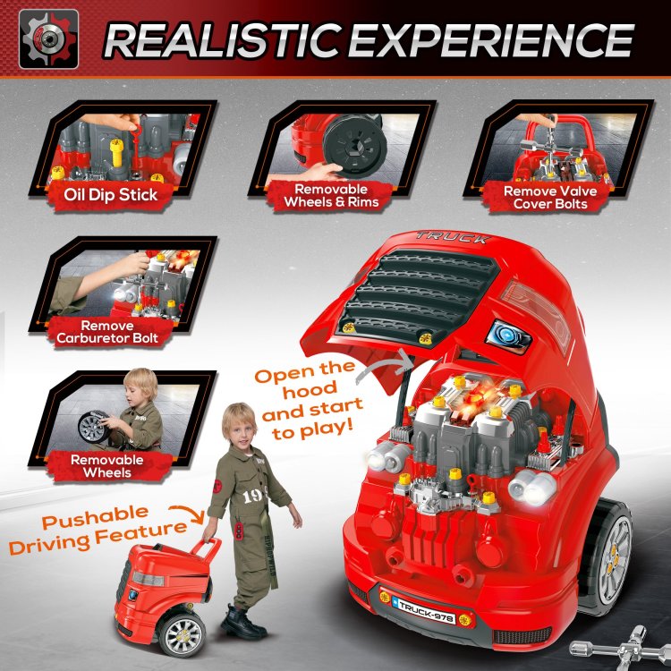 Qaba Kids Truck Engine Toy, Kids Mechanic Car Repair Set, Engine Disassembly Play Workshop, Includes 61 Pieces, Steering Wheel, Horn, Light For 3 5 Years Old, Red
