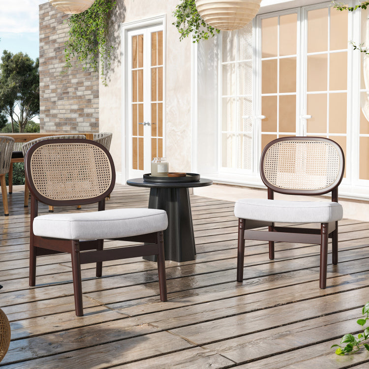 Rattan Accent Chair, Upholstered Living Room Chair With Rattan Back & Wood Frame, Mid Century Modern Reading Chair For Living Room, Bedroom, Beige