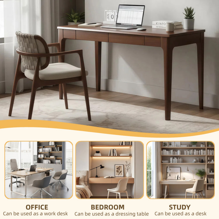 Solid Wood Desk With Drawers, Standing Desk With Smooth Edges, Home Office Desk For Small Spaces, Mid Century Modern Desk For Study, Bedroom, Living Room, Office, Walnut, 47.24''*21.65''*29.53''
