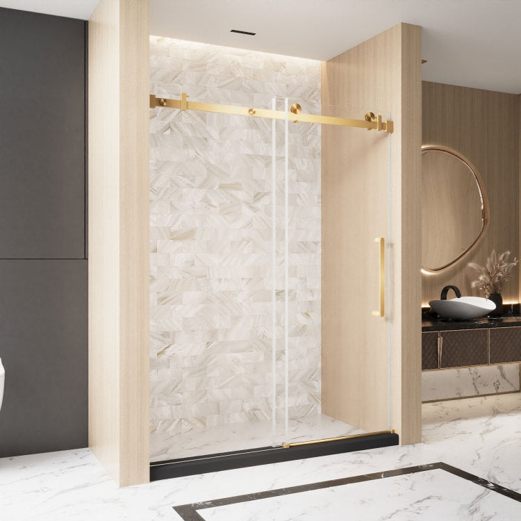 Frameless Single Sliding Shower Door 56 60 "W X 76" H, 1 4 " 6 Mm Clear Tempered Glass, Explosion Proof Film, Stainless Steel Handle Square Tube Track ,Brushed Gold