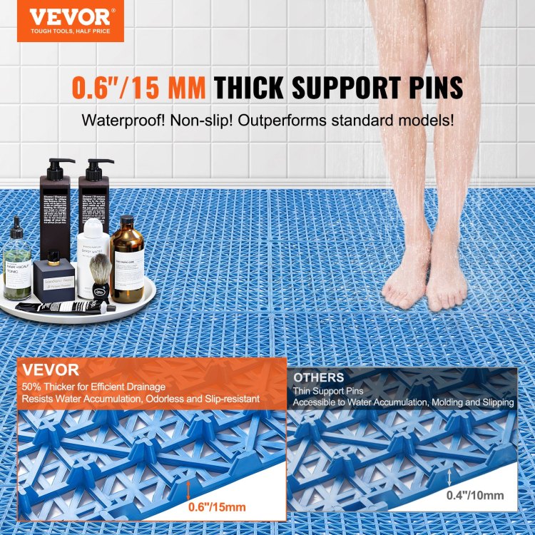 Interlocking Tile 55Pcs Blue, Drainage Tiles 12" X 12" Splicing, Pvc Interlocking Drainage Floor Tiles, Non Slip Drainage Holes For Restroom, Bathroom, Kitchen, Pool, Wet Areas, Blue