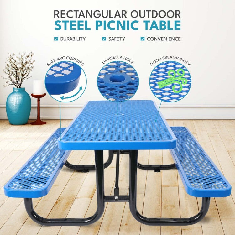 6 Ft. Rectangular Outdoor Steel Picnic Table With Umbrella Pole In Blue