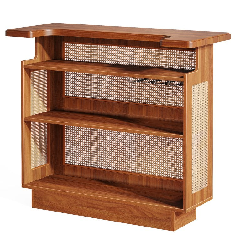47.24 Inches Farmhouse Caramel Brown Rattan Home Bar Unit, 4 Tier Liquor Cabinet With Stemware Racks For Living Room