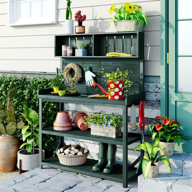 65" Large Wooden Farmhouse Rustic Outdoor Potting Bench Table, Patio Workstation, Garden Potting Bench With 4 Storage Shelves And Side Hook, Forest Green