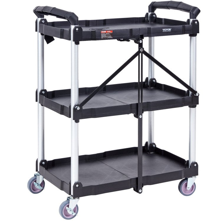 Foldable Utility Service Cart, 3 Shelf 165Lbs Heavy Duty Plastic Rolling Cart With Lockable Wheels, Ergonomic Handle, Portable Garage Tool Cart For Warehouse Office Home 25.62"X15.43"X32.76"
