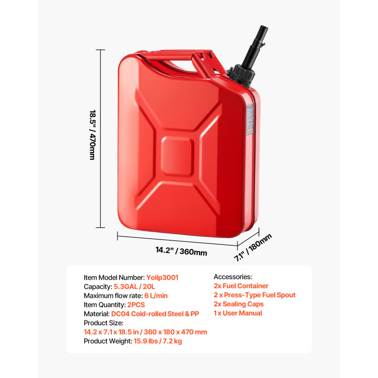 Metal Fuel Container, 5.3 Gallon, Fuel Jerry Can With Spout And Comfort Handle, 6 L Min Max Flow Rate, Leakproof & Corrosion Resistant Metal Gas Tank Most Cars Motorcycle Atv Utv, Red, 2 Packs