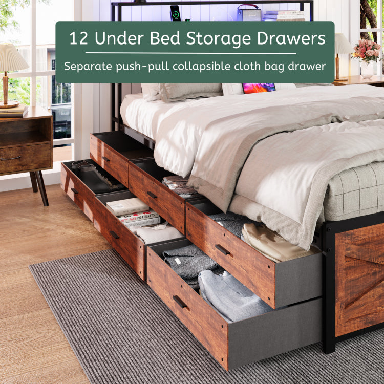 Queen Bed Frame With Storage Headboard And 12 Drawers Led Lights, Metal Platform Non Slip Without Noise Mattress Foundation Strong Metal Slats Support,No Box Spring Needed