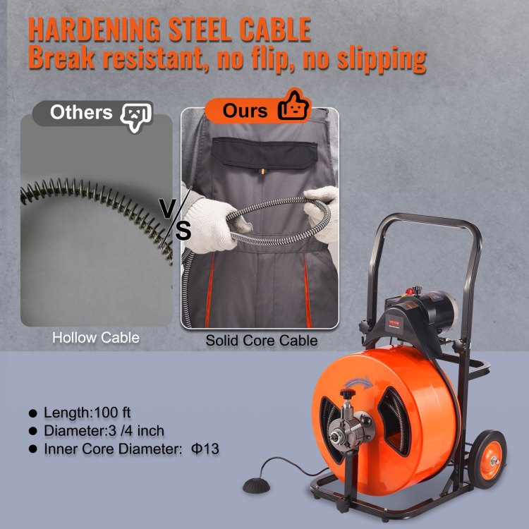 Drain Cleaning Machine 100Ft X 3 4 Inch, Sewer Snake Machine Auto Feed, Drain Auger Cleaner With 4 Cutter & Air Activated Foot Switch For 1" To 4" Pipes