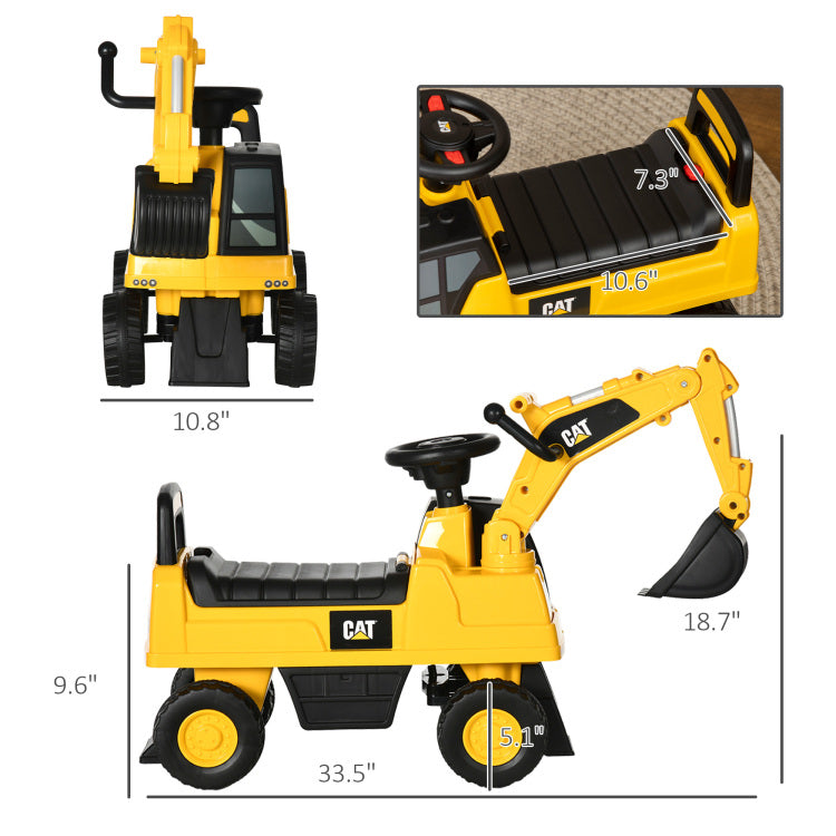 Aosom Excavator Ride On Toy, Cat Licensed Kids Manual Pedal Ride On Excavator With Manual Shovel, Horn, Hidden Storage For 18 36 Months Boys And Girls, Yellow