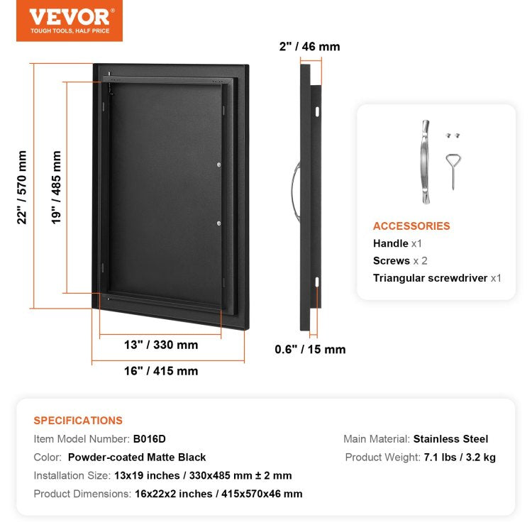 Bbq Access Door, 16W X 22H Inch Single Outdoor Kitchen Door, Cold Plate Flush Mount Door, Wall Vertical Door With Handle, For Bbq Island, Grilling Station, Outside Cabinet