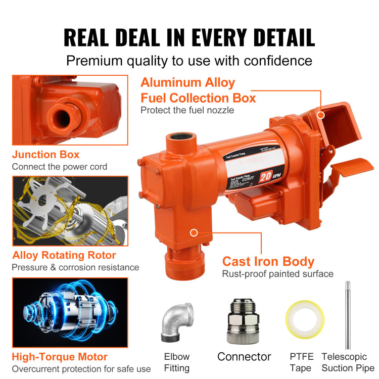 Fuel Transfer Pump, 12V Dc 20 Gpm 1 4 Hp, Gasoline Extractor Pump With Automatic Nozzle, Discharge Hose & Suction Pipe For Gasoline, Diesel, Kerosene, Ethanol & Methanol Blends, And Biodiesel