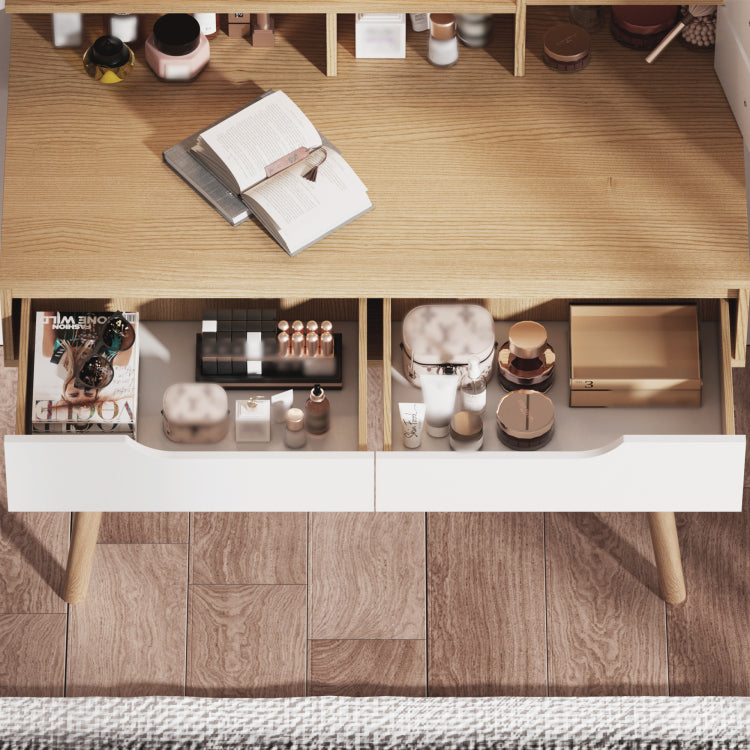 Makeup Vanity Desk With 3 Adjustable Lighted Mirror With Solid Wood Table Feet , Dressing Table Set With 4 Drawers And 3 Open Shelves For Small Space Bedroom