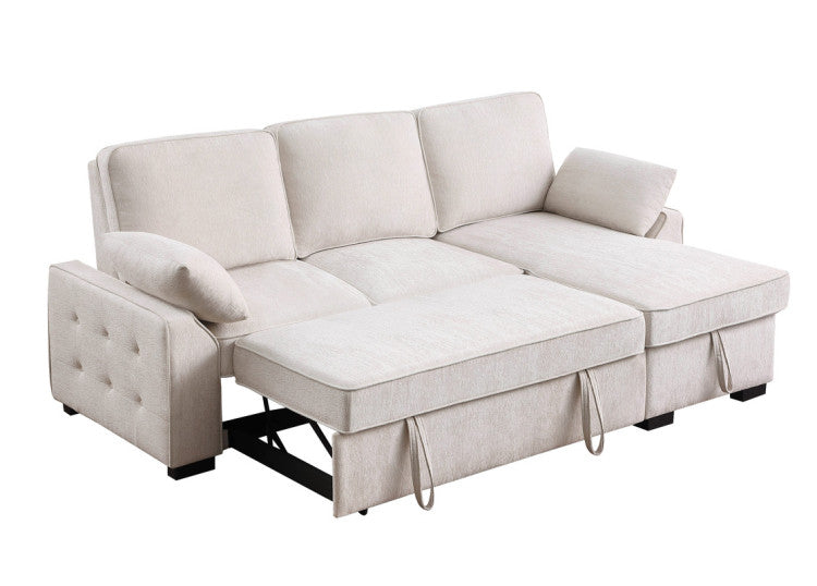 Marcello 91"W Beige Chenille Fabric Reversible Sleeper Sectional With Storage Chaise, Drop Down Table, Cup Holders And Charging Ports