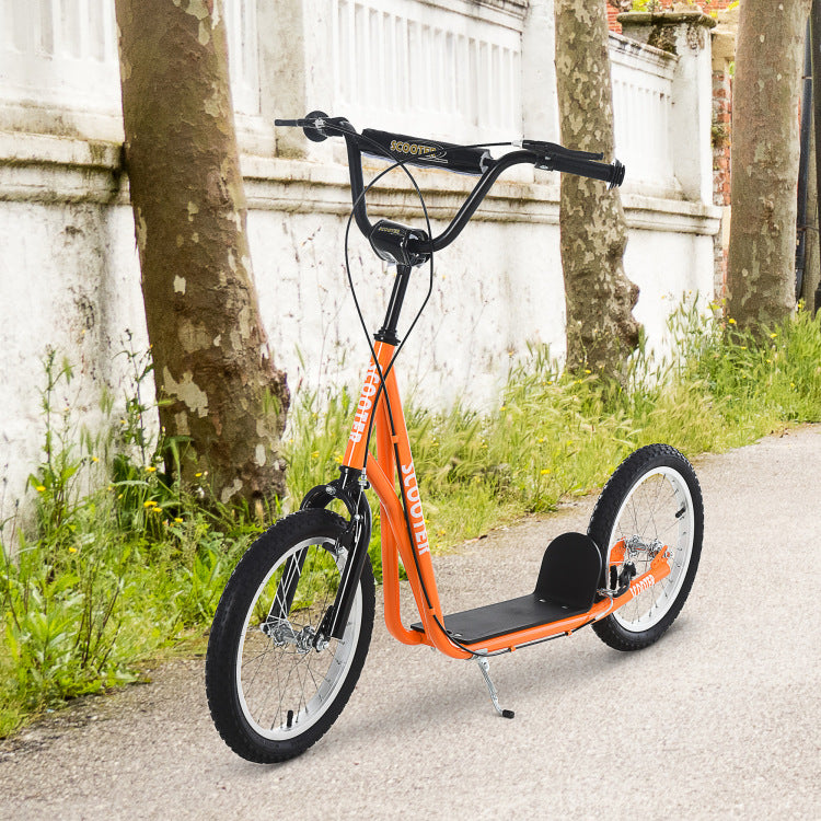 Aosom Youth Scooter Kick Scooter For Kids 5 With Adjustable Handlebar 16" Front And Rear Dual Brakes Inflatable Wheels, Orange