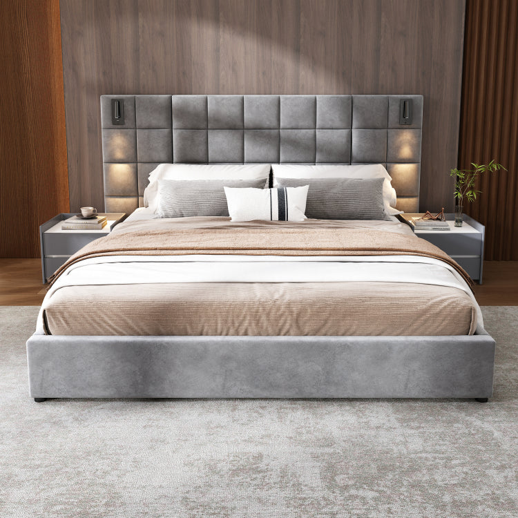 California King Size Upholstered Bed Frame,With Wall Sconce And Usb Port, Wide Headboard, Velvet, Gray