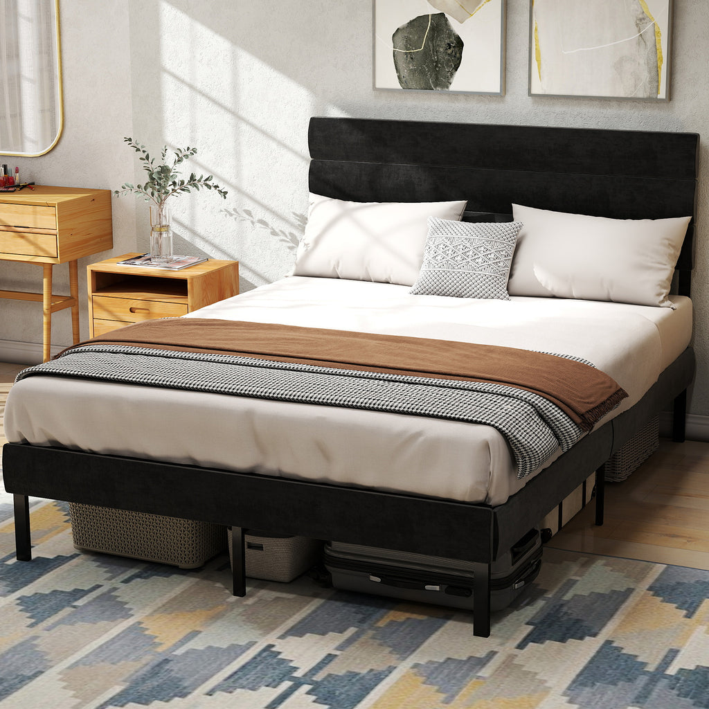 Full Size Upholstered Platform Bed Frame 14'' Underbed Storage, Linen Headboard, No Box Spring Needed
