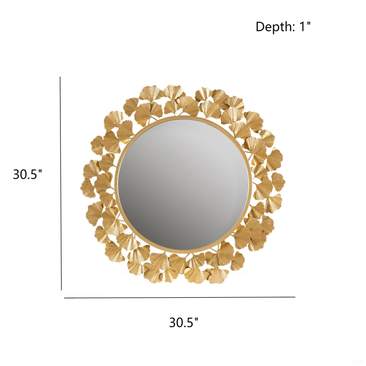 Gold Gingko Leaf Round Wall Mirror 30.5"