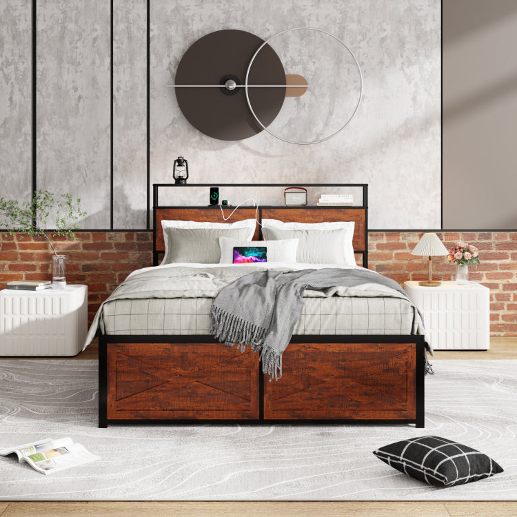 Queen Bed Frame With Storage Headboard And 12 Drawers Led Lights, Metal Platform Non Slip Without Noise Mattress Foundation Strong Metal Slats Support,No Box Spring Needed