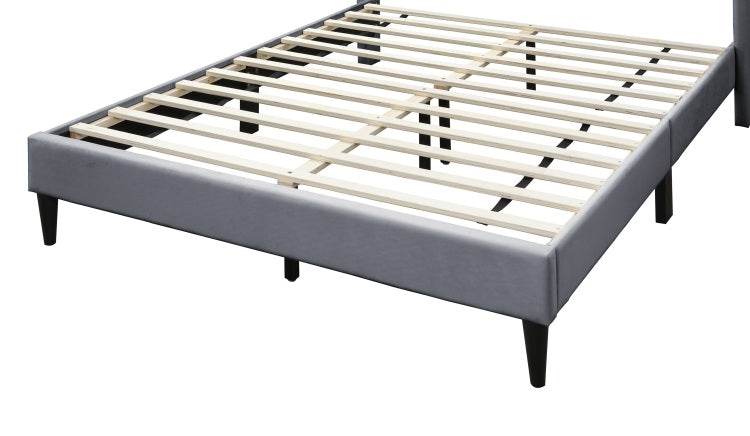 Elegant Modern Gray Velvet Upholstered Queen Size Bed Clean Lines Design Headboard 1Pc Bedframe