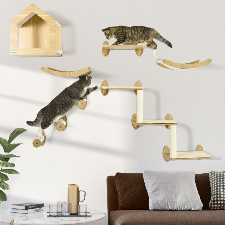 Pawhut Unique Cat Tree Made From Cat Shelves With 10 Levels For More Height, Wall Mounted Cat Tree Climbing Playground With Cat Hammocks, Modern Cat Tree
