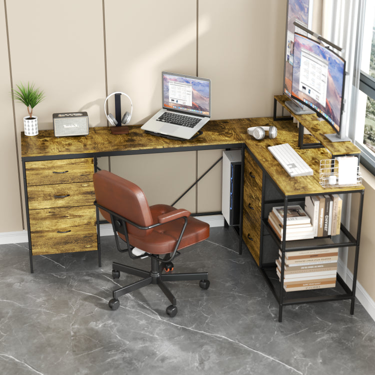 114" L Shaped Desk With Power Hub, Industrial Gaming Desk 6 Drawers, Removable Monitor Stand, Rustic Brown Home Office