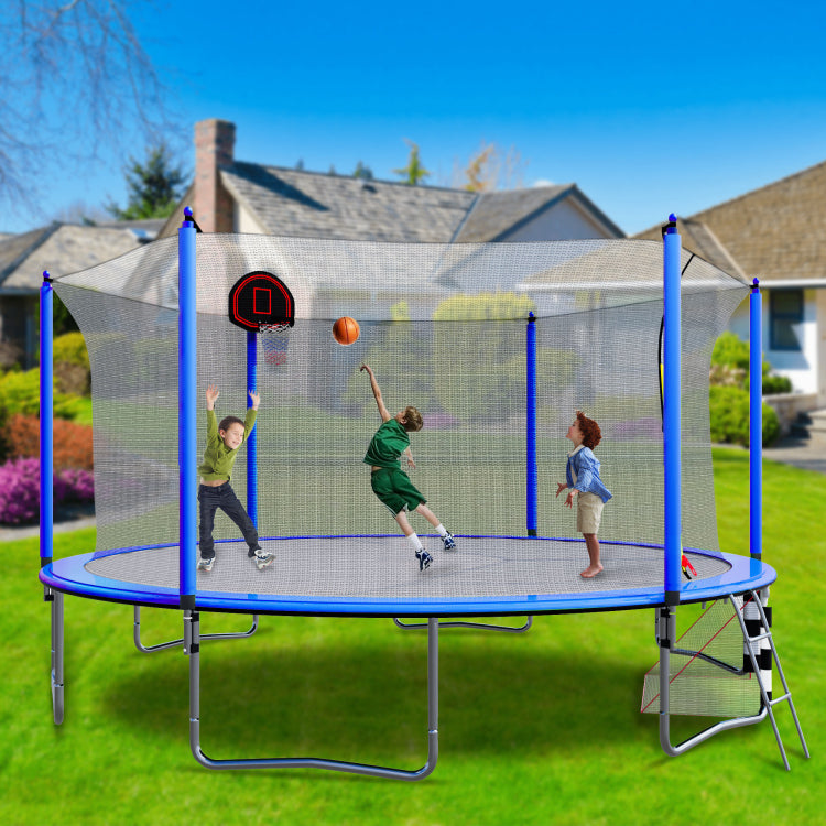 16Ft Trampoline With Basketball Hoop Pump And Ladder Inner Safety Enclosure With Soccer Goal Blue