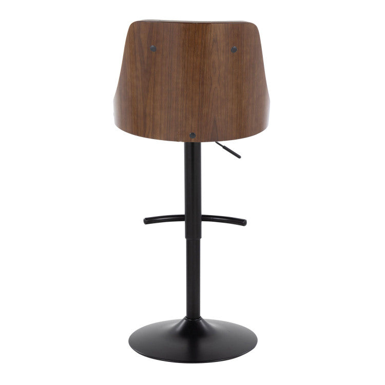 Mid Century Modern Adjustable Barstool With Swivel In Black Metal, Walnut Wood And Light Grey Faux Leather With Rounded T Footrest Set Of 2