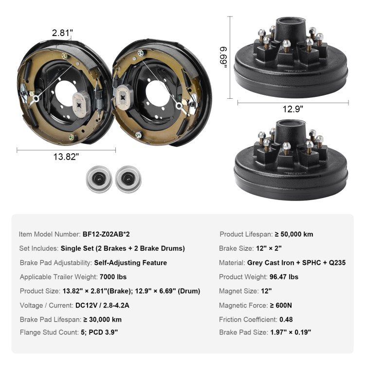 Trailer Hub Drum Kits 8 On 6.5" B.C. With 12" X 2" Electric Brakes, Self Adjusting Trailer Brake Assembly For 7000 Lbs Axle, 5 Hole Mounting, Backing Plates For Brake System Part Replacement