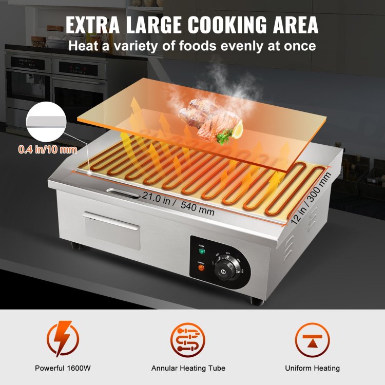 Commercial Electric Griddle, 21", 1600W Countertop Flat Top Grill, Stainless Steel Teppanyaki Grill With Iron Cooking Plate, 122 572 Adjustable Temp Control 2 Shovels & Brushes, 110V