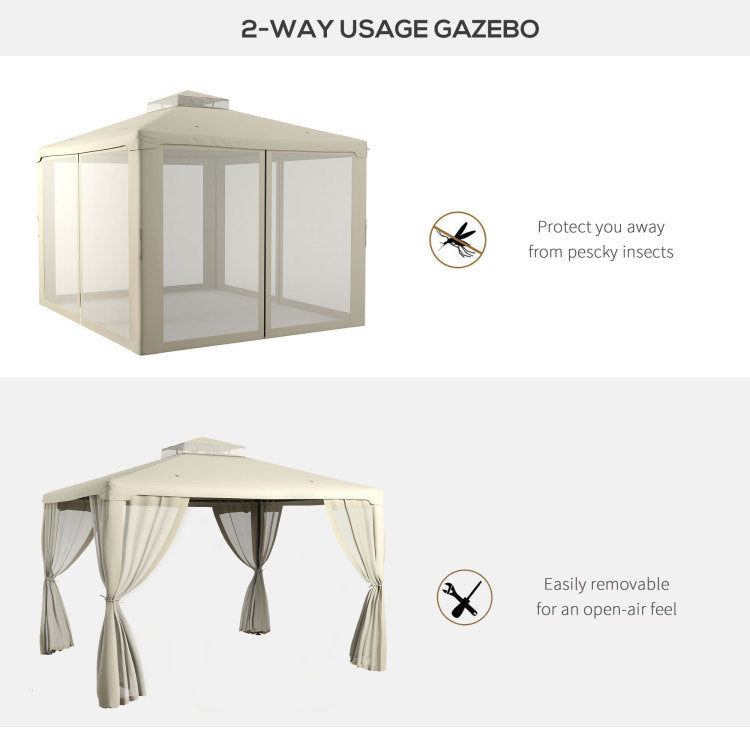 Outsunny 9.6' X 11.6' Patio Gazebo, Outdoor Canopy Shelter With 2 Tier Roof And Netting, Steel Frame For Garden, Lawn, Backyard, And Deck, Cream White